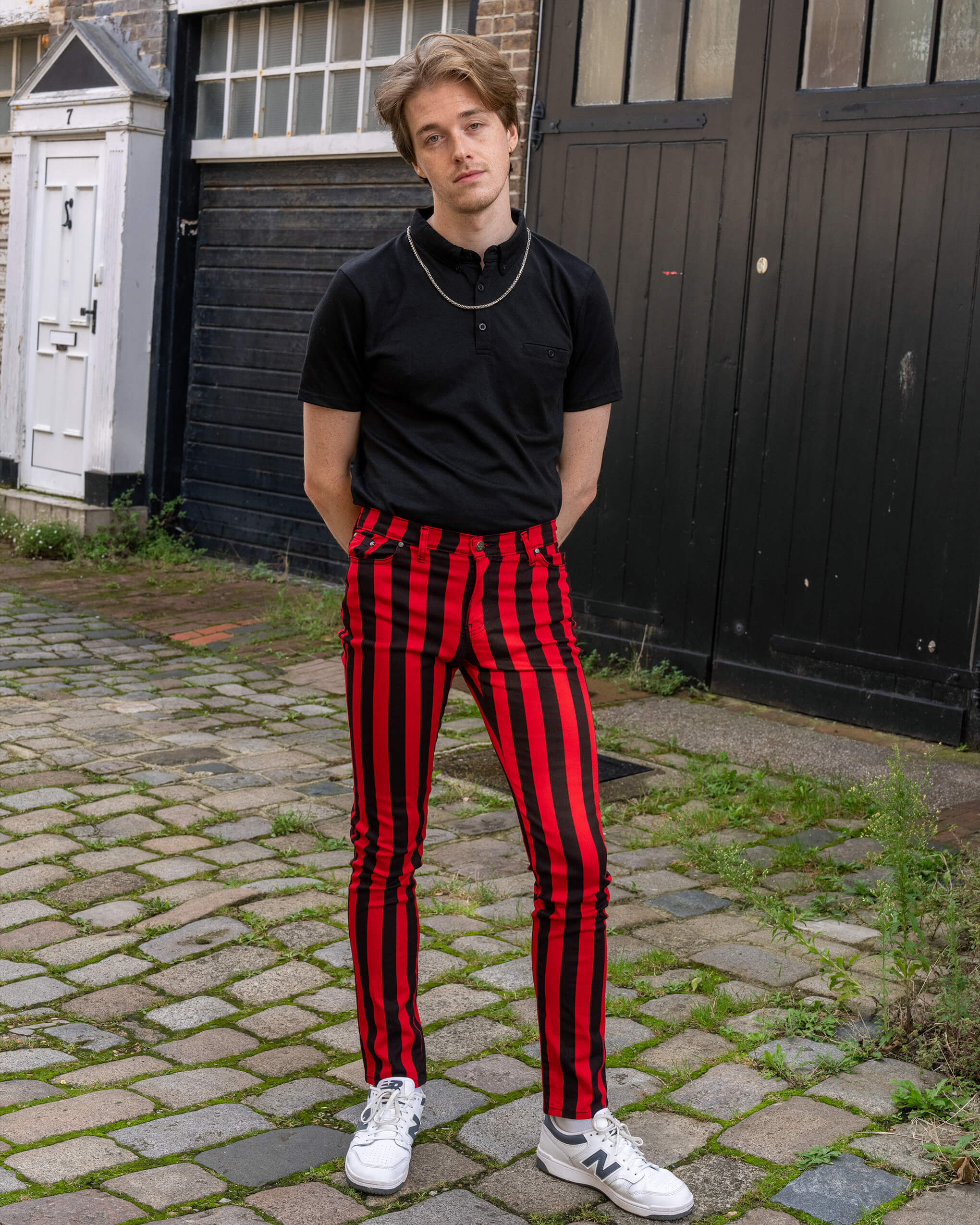 Black & Red 1" Striped Mid Rise Stretch Skinny Jeans - Image 9