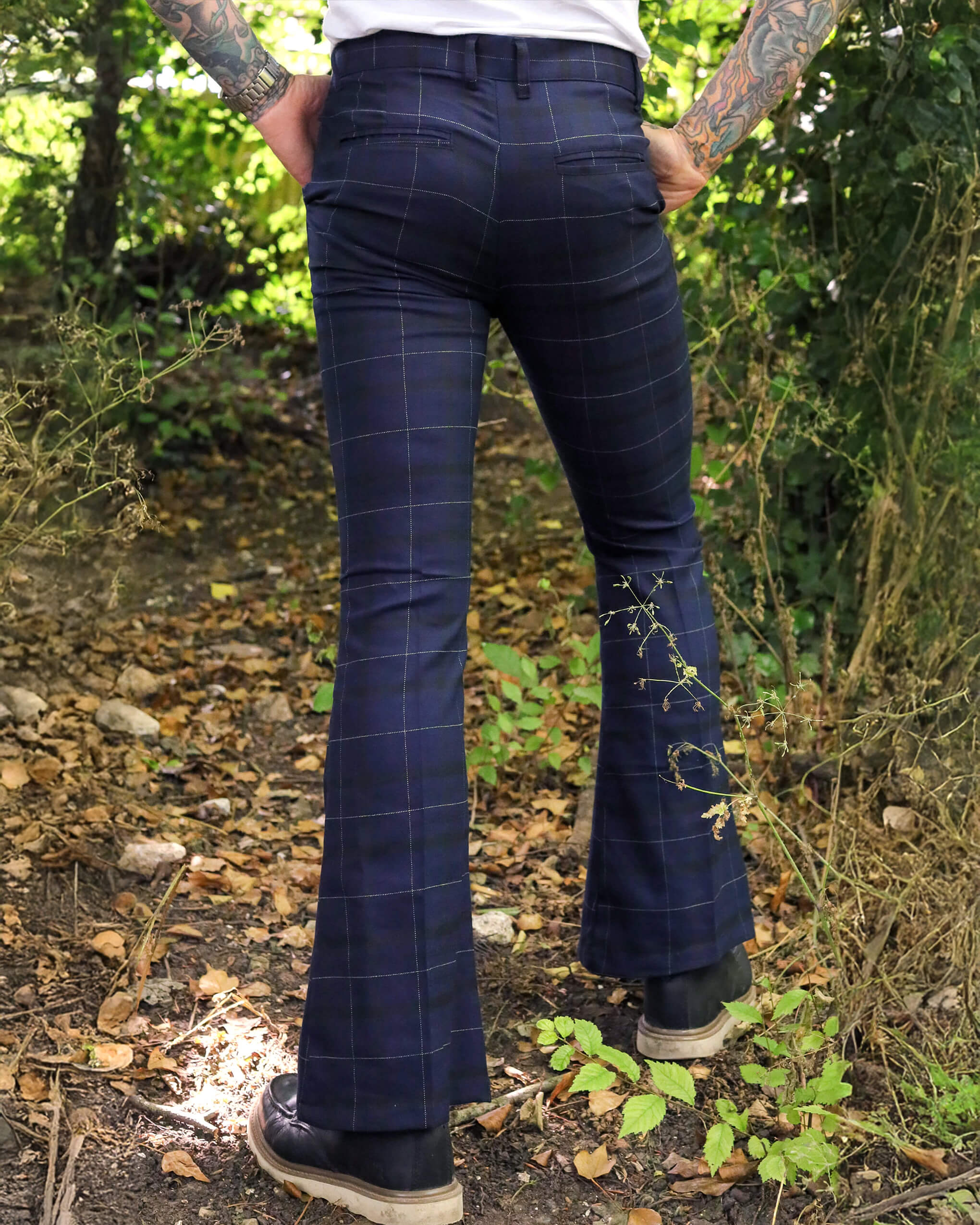 Blue Tartan Stretch Plaid Bell Bottom Trousers - Image 3