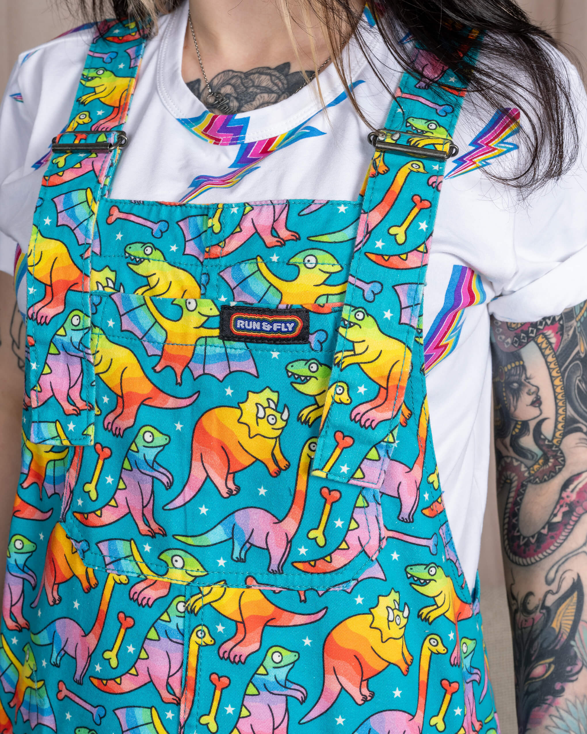 Rainbow Dinosaurs Stretch Twill Dungarees - Image 3
