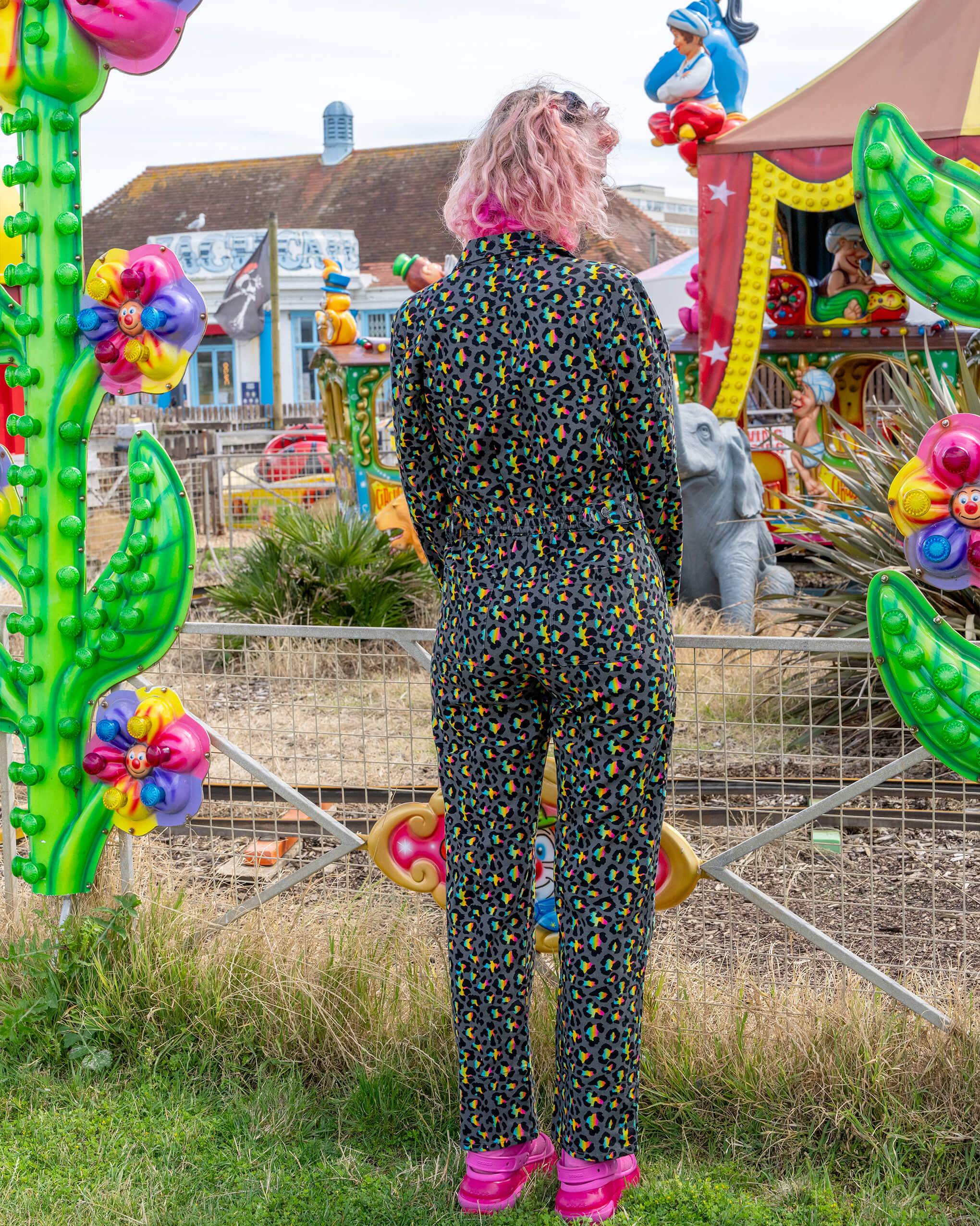 Grey Rainbow Leopard Stretch Twill Boiler Suit - Image 15