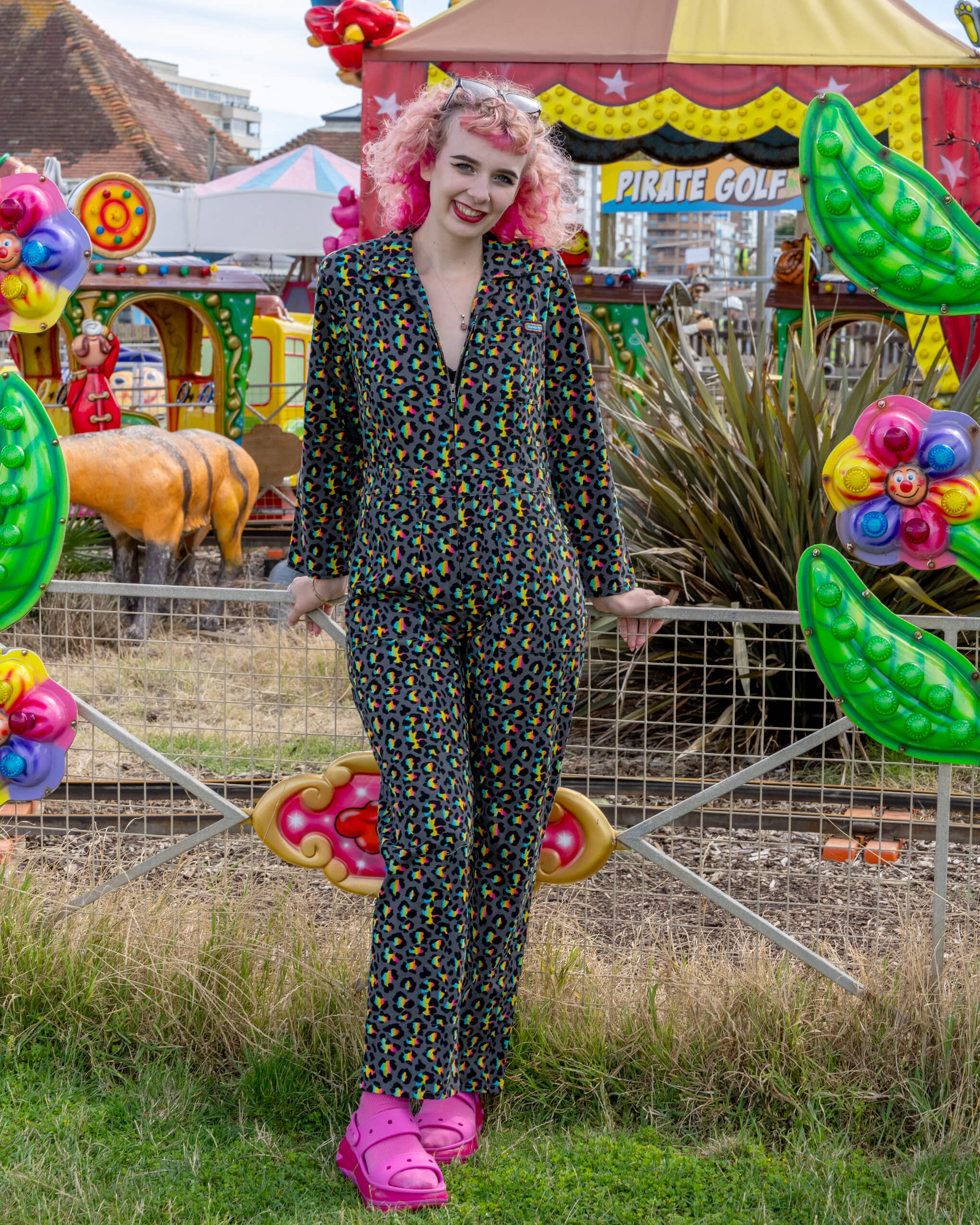 Grey Rainbow Leopard Stretch Twill Boiler Suit - Image 3
