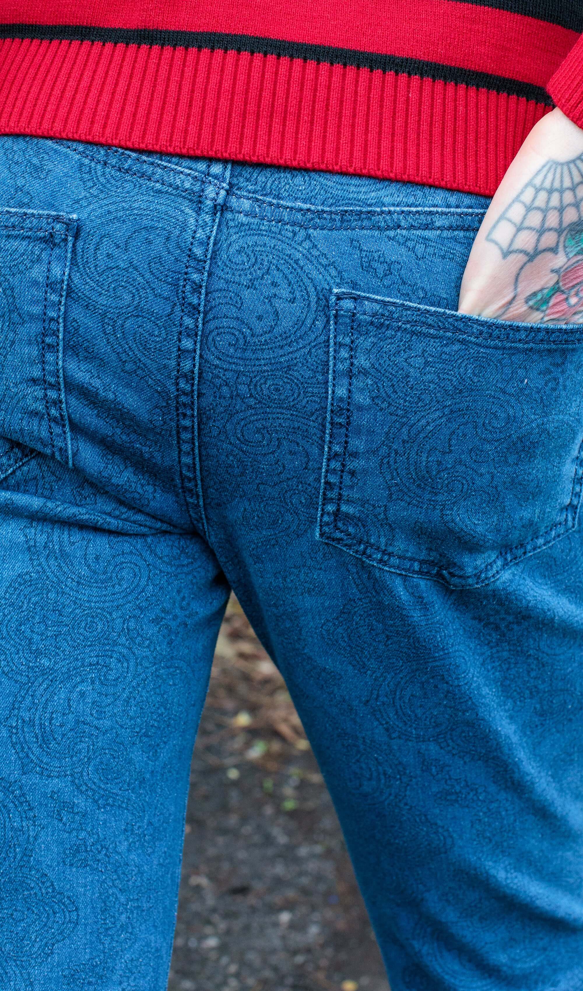 New Fit Retro Stretch Stone Wash Denim Hendrix Paisley Bell Bottom Flares - Image 8