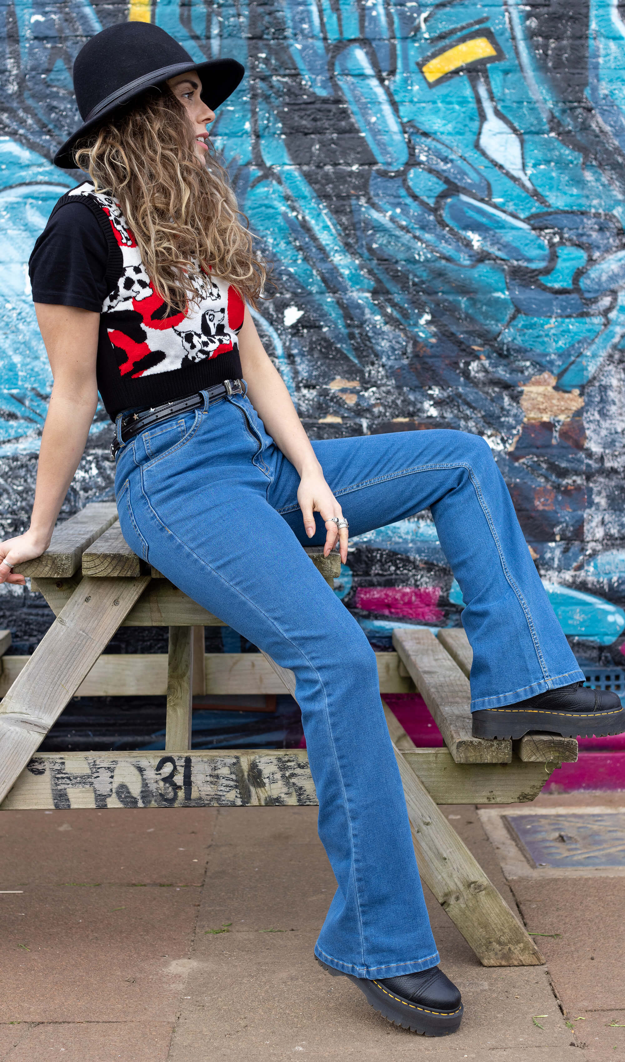Unisex Stonewashed Bellbottom Flares Leg High Waisted Jeans - Image 3